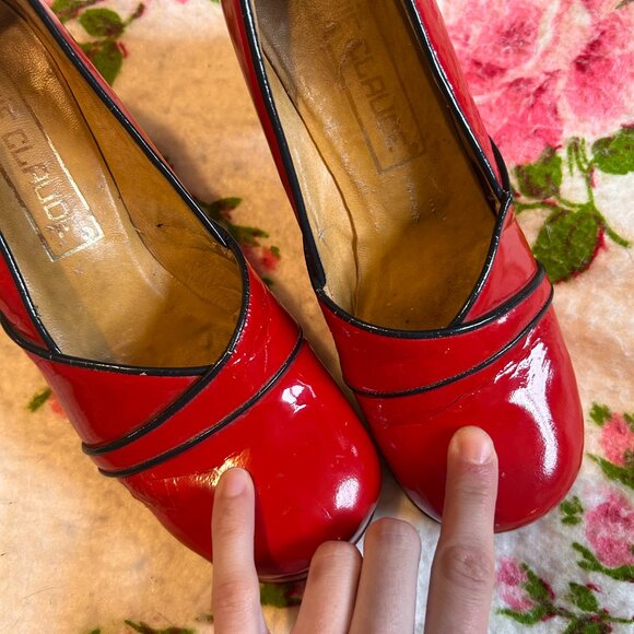1940s PIN UP Real Patent Leather bright red leather sole Platform cuban heels fr - Picture 12 of 16